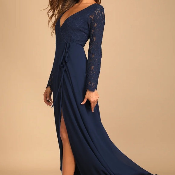 Lulu's Utterly In Love Navy Blue Lace Long Sleeve Wrap Dress Size M - Picture 1 of 3